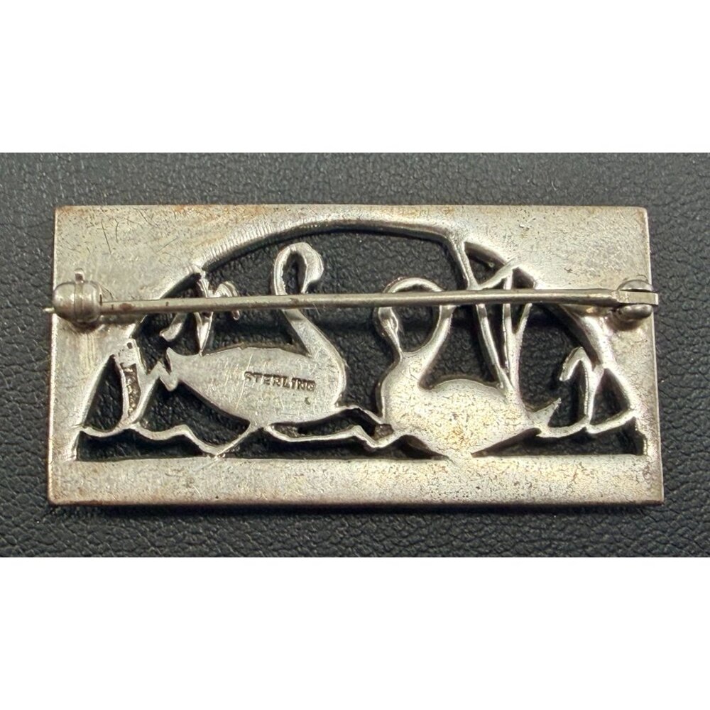 German Vintage Sterling Silver Marcasite Bar Pin Swans Motif 14 grams - Picture 6 of 7